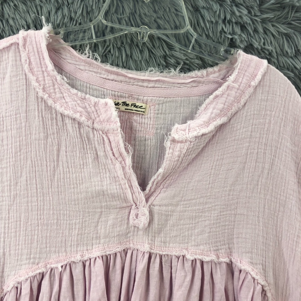 Free People Babydoll Top Womens Small Pink Asymmetrical Shirt Short Sleeve - Picture 2 of 9